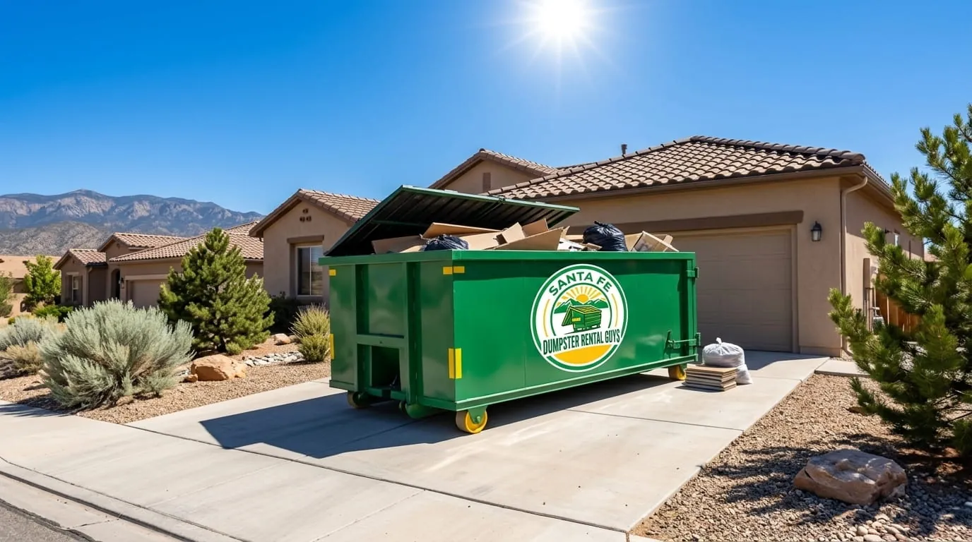 Commercial dumpster rental in Santa Fe, NM Commercial roll-off dumpster in a Santa Fe NM business parking lot