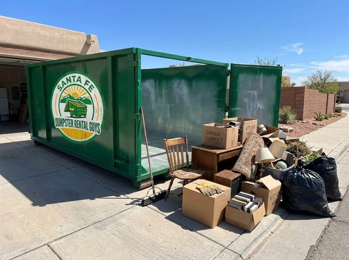 Same-day dumpster delivery in Santa Fe, NM Santa Fe Dumpster Rental Guys truck delivering a roll-off dumpster to a Santa Fe NM driveway
